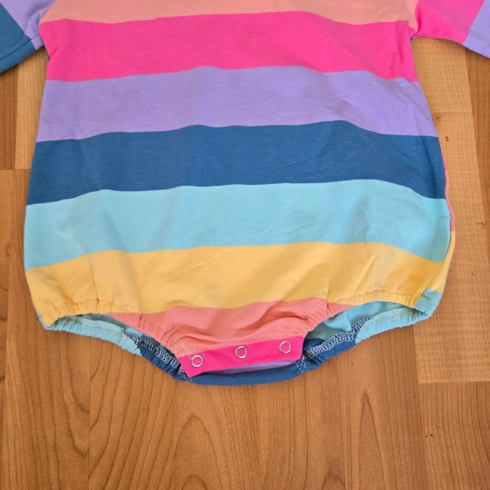 Treetop Tots Rainbow Stripe Hooded Romper Unisex Size 18-24M Pastel Cozy Playful